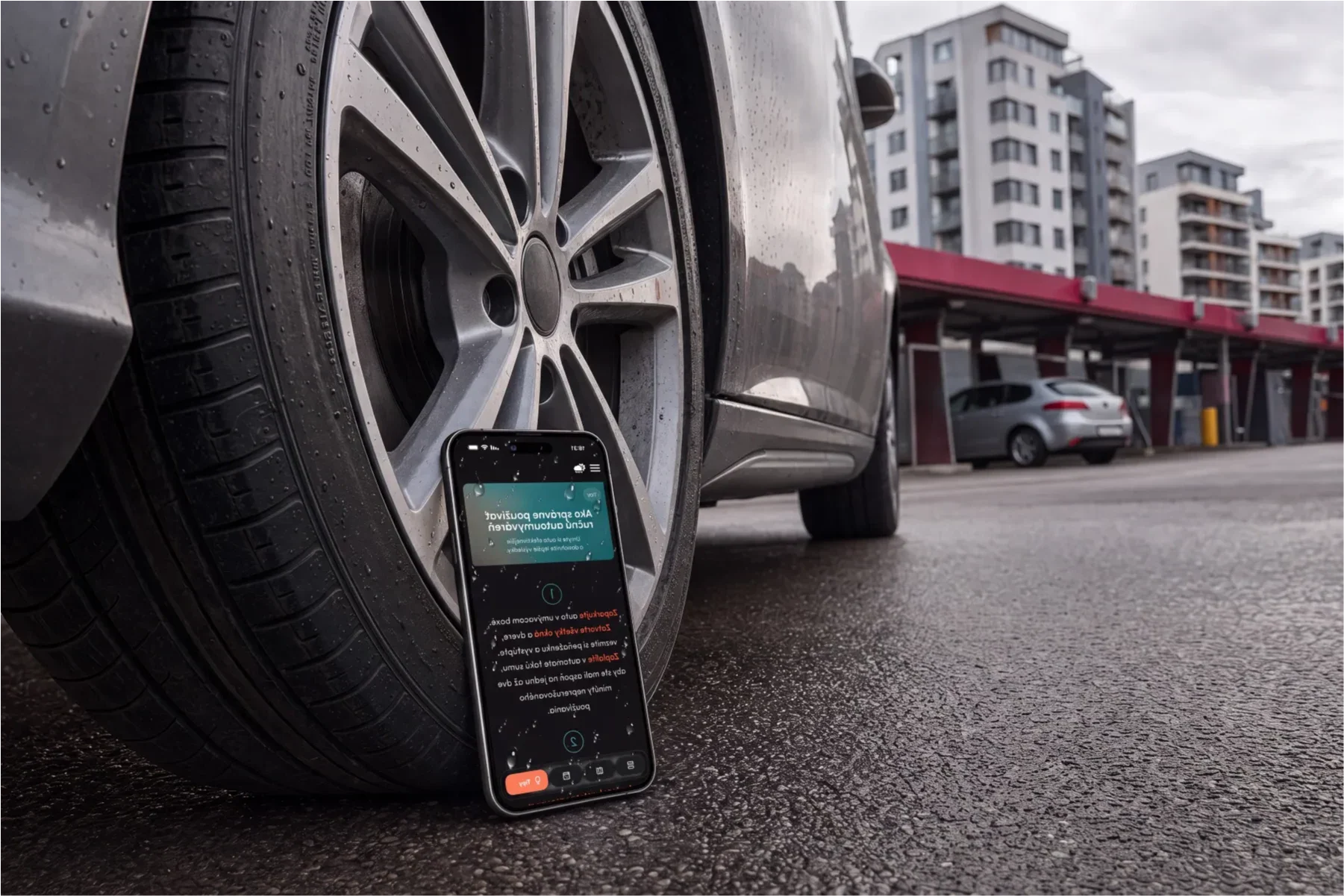 A phone with a map near a touchless car wash